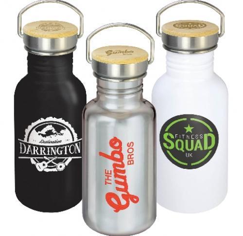 Metal Water Bottle Stainless Steel & Bamboo Drinks Bottle 500ml